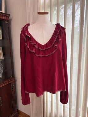 Tularosa Ruffled V-Neck : back Blouse in Burgundy long sleeve white stitching M